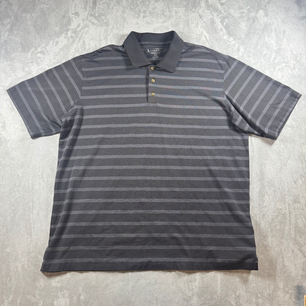Pebble Beach Performance Polo Mens‎ XXL Black Gray Striped Pima Cotton Stretch